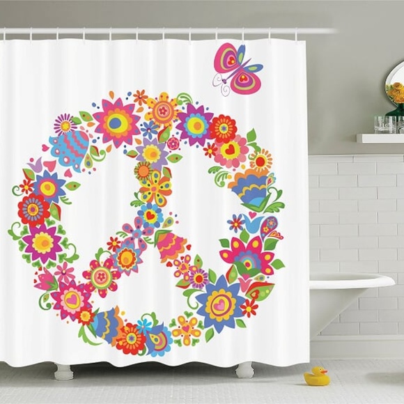 Ambesonne Bath Shower Curtain Floral Peace Sign Butterfly Print